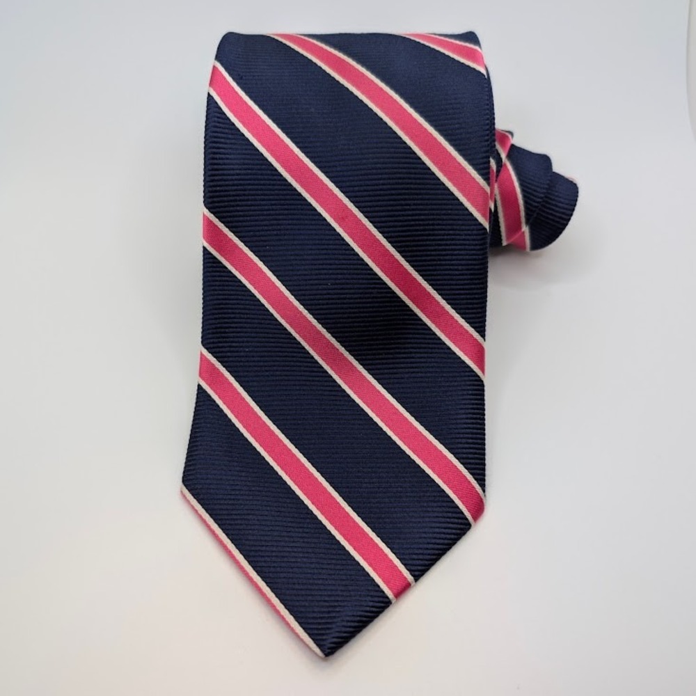 Brooks Brothers Makers Repp Striped Tie Navy Blue Hot Pink White 3.5"x60" EUC